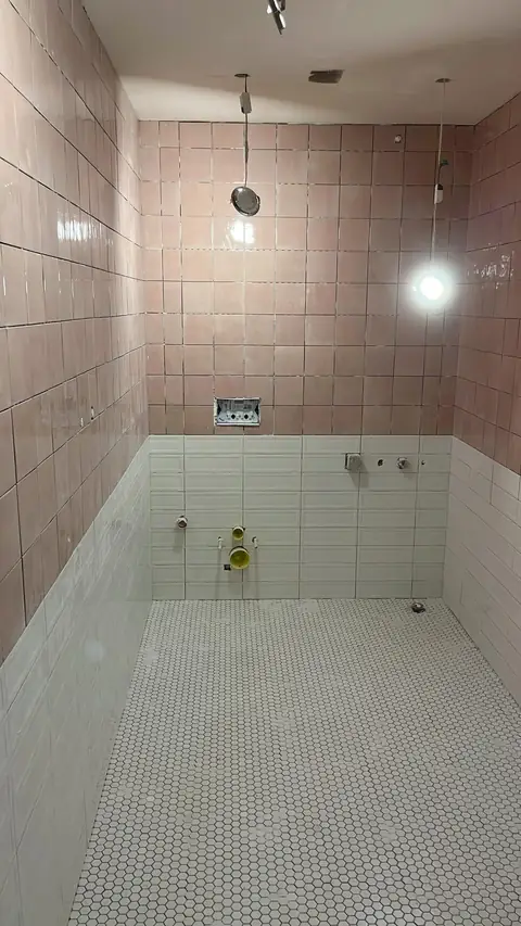 Pembe duvar karosu ve mozaik zeminli banyo, tesisat çıkışları hazır